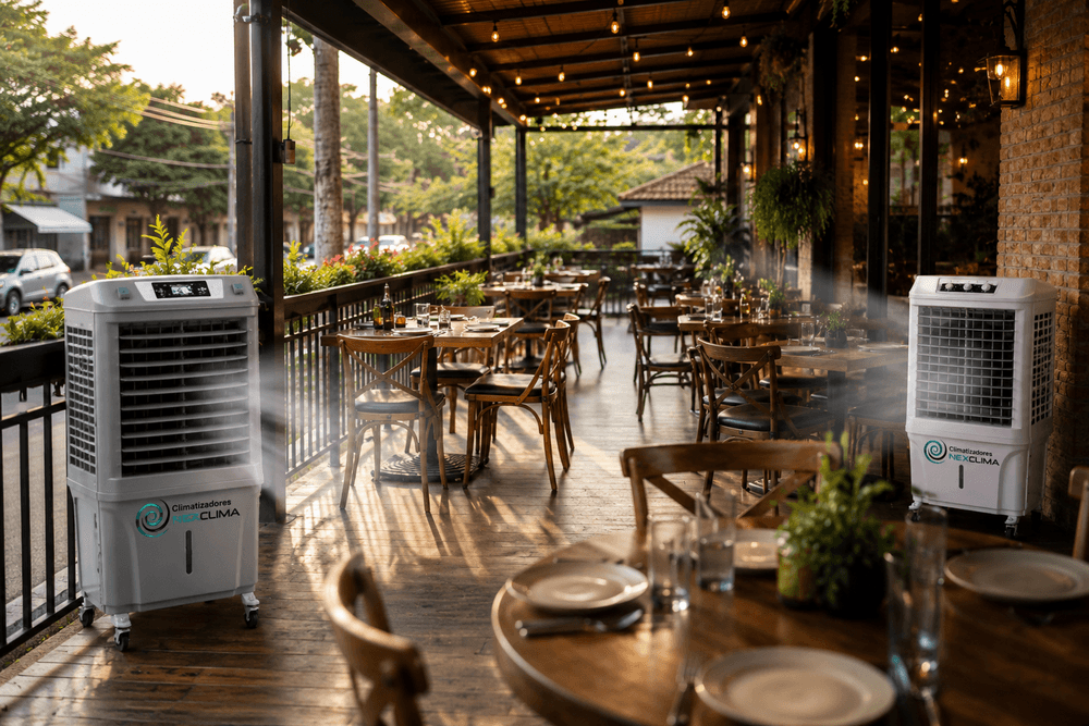 Climatização evaporativa Nexclima sustentável em área externa arborizada